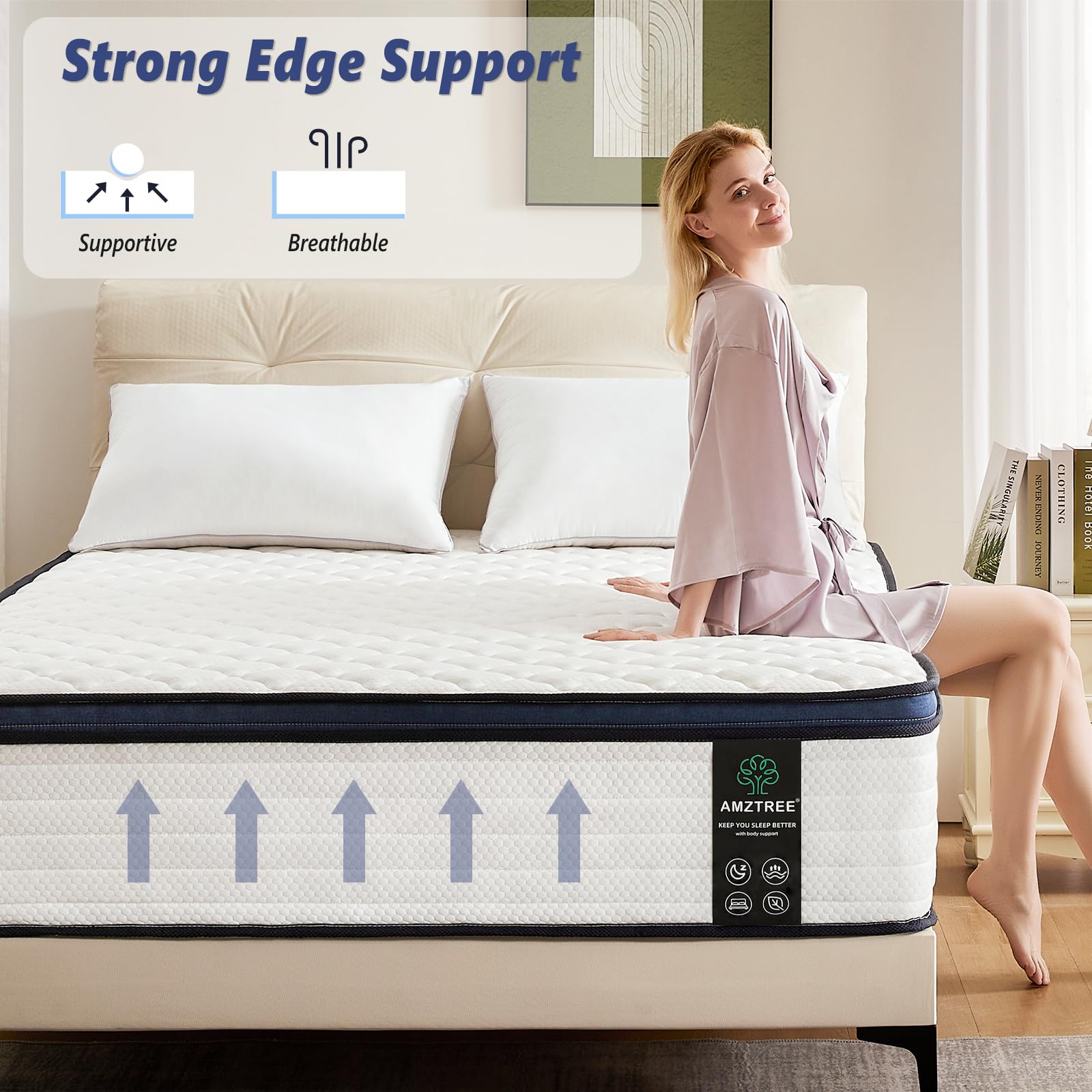 Amztree Queen Size Mattresses In A Box 10 Inch - Memory Foam & Pocket Coils Springs, Pressure Relief, Motion Isolation, Breathab